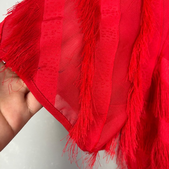 Long Tall Sally size 12 fringe dress red short sleeve chiffon lined side zip - Picture 13 of 13